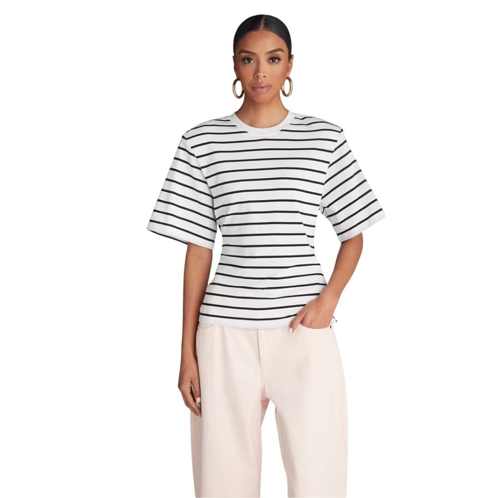KBB by Kahlana Women's White Striped Short Sleeve Crew Neck T-Shirt Size S